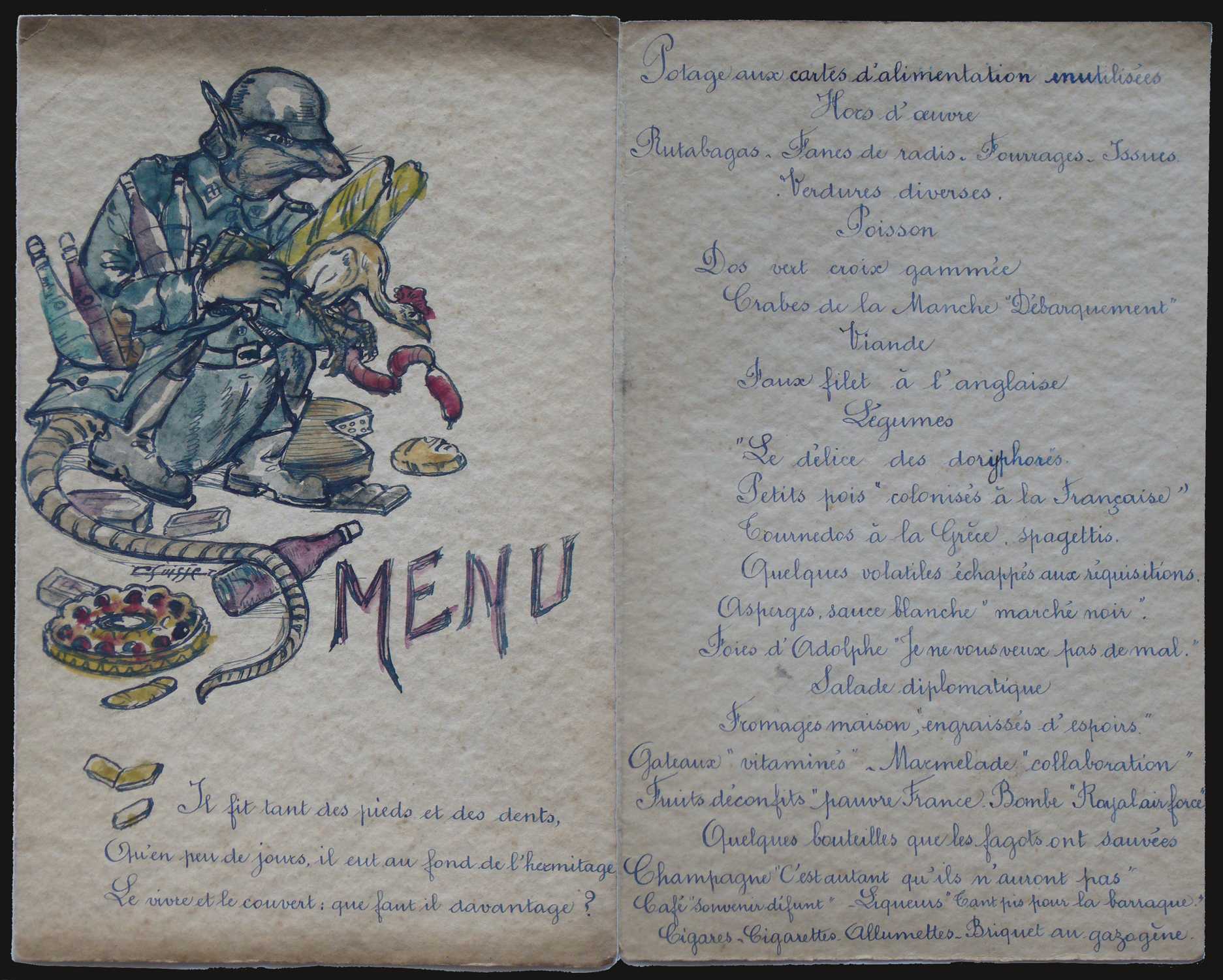Fable et menu satiriques. Vers 1945.