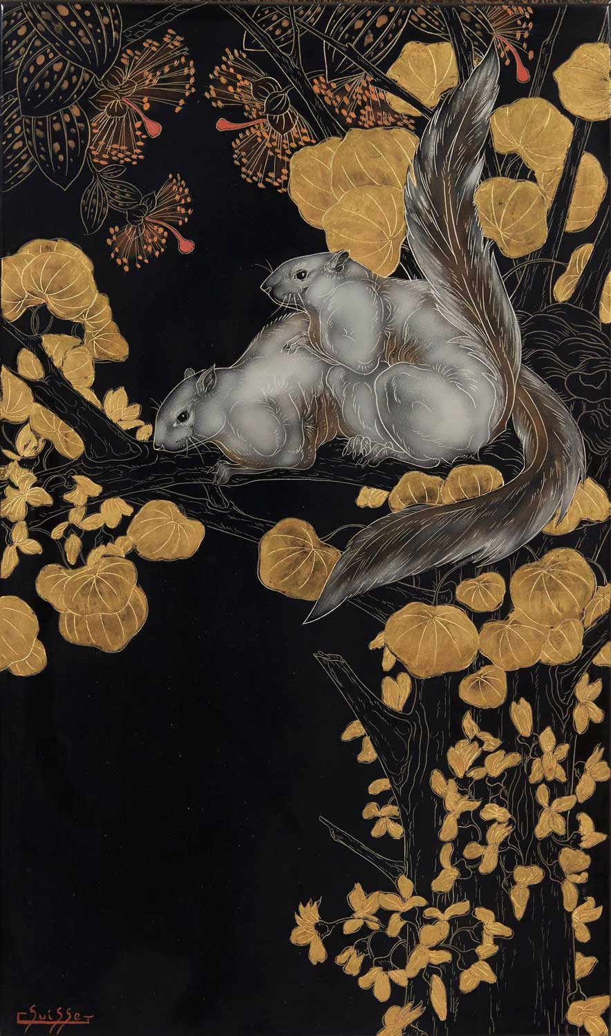 Écureuils de Malaisie dans un arbre de Judé, vers 1942.