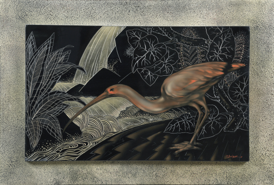 Gaston SUISSE (1896-1988) - Ibis rose devant une cascade.