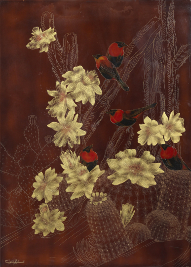 Gaston SUISSE (1896-1988) - Ignicolores dans les cactées en fleurs.