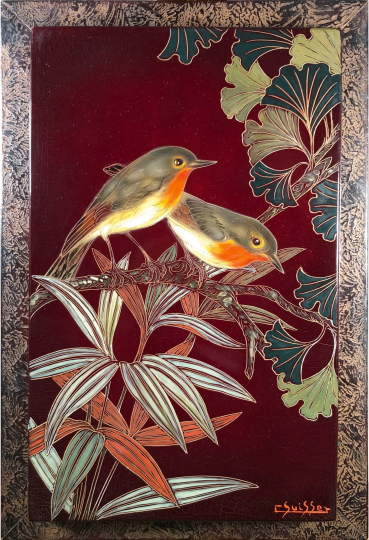 Gaston SUISSE (1896-1988) - Rouges-gorges  dans les Ginkgos Biloba.   			