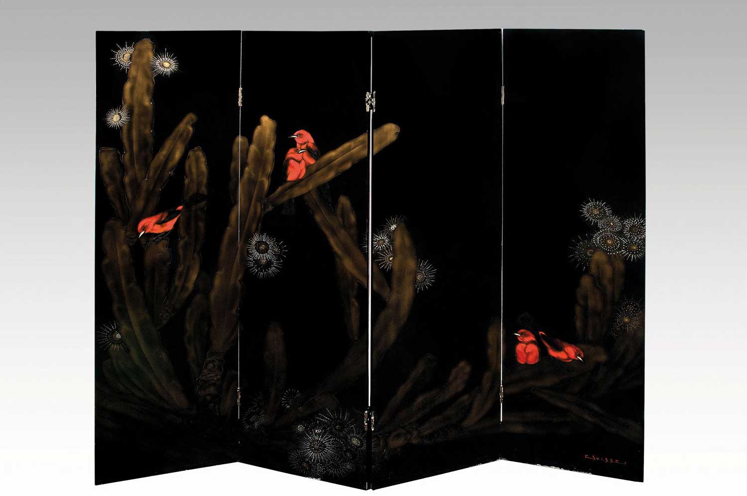 Tangaras dans les cactées en fleurs. Vers 1935.