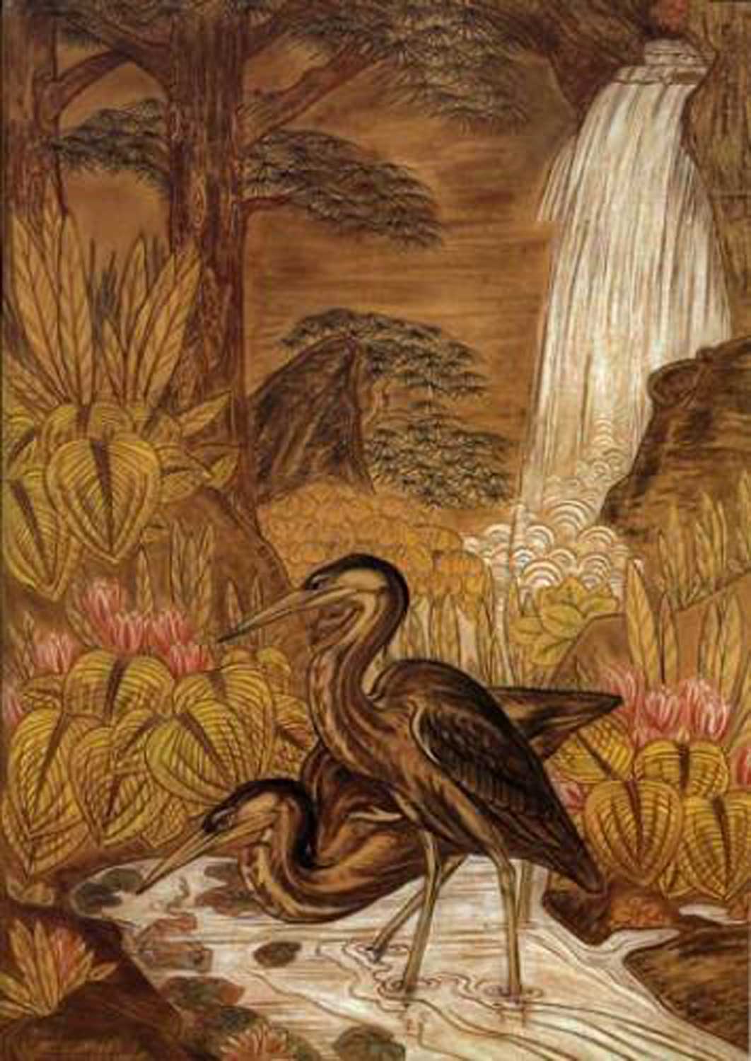 Couple de hérons péchant sous une cascade. 1935.