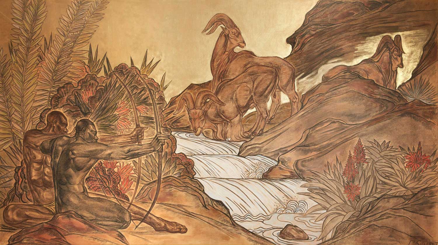 Chasseurs et mouflons près d'une cascade. Vers 1935.