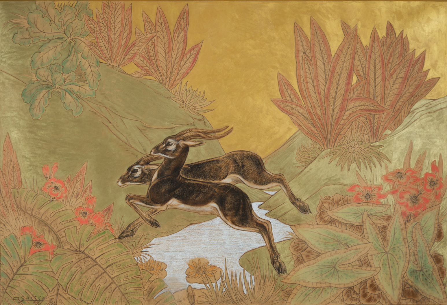 Antilopes cervicapres sautant un ruisseau. 1933.