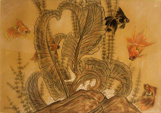 Gaston SUISSE (1896-1988) - Poissons japonais dans les Gorgones. Vers 1930.