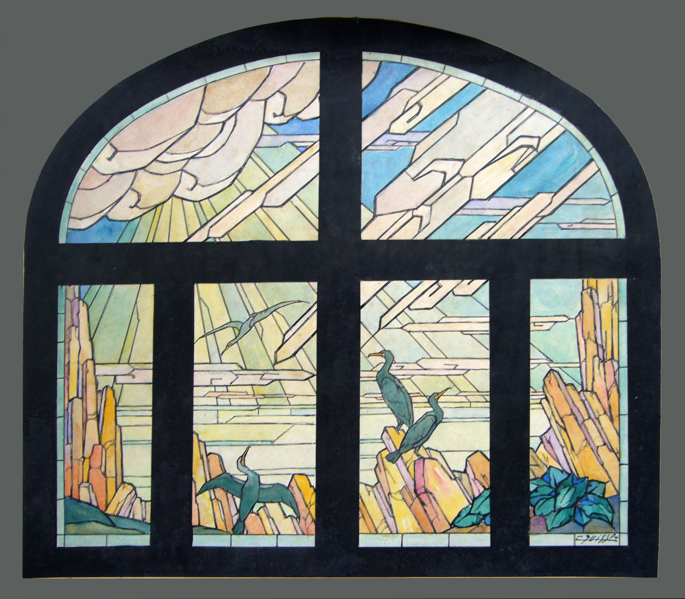 Projet de vitrail. Cormorans. 1928.