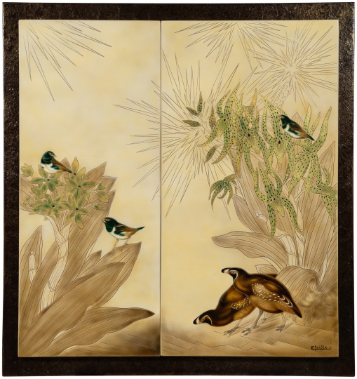 Gaston SUISSE (1896-1988) - Hirondelles de Chine et colins de Californie.