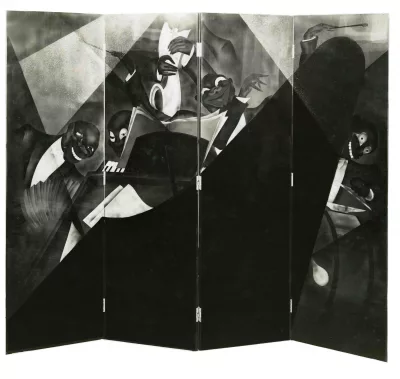 Paravent Jazz, 1929.
laque noire et écaille foncée.
Coquille d'oeuf en pluie.