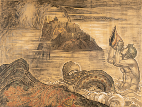 Gaston SUISSE (1896-1988) - Triton soufflant dans une conque devant l'île d'Ischia. Circa 1935.