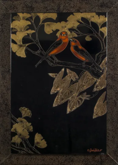 Gaston SUISSE (1896-1988) - Couple de Tangaras branchés dans des Ginkgo biloba
