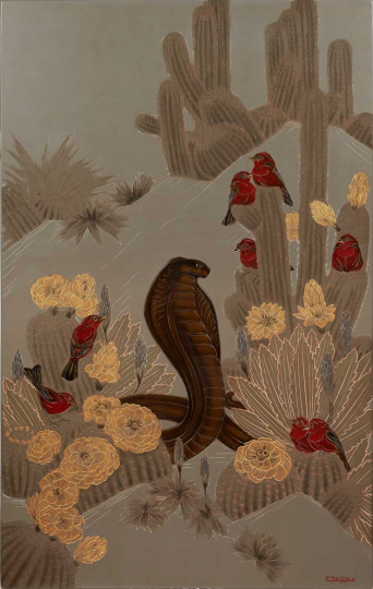 Gaston SUISSE (1896-1988) - Cobra et Tangaras dans les cactées en fleurs. Vers 1935.