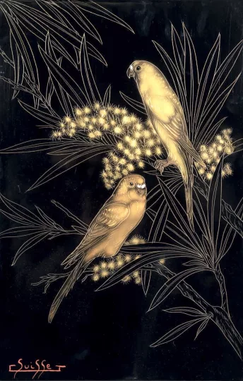 Gaston SUISSE (1896-1988) - Couple de perruches dans les mimosas