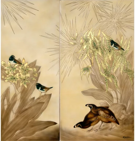 Gaston SUISSE (1896-1988) - Hirondelles de Chine et colins de Californie.
