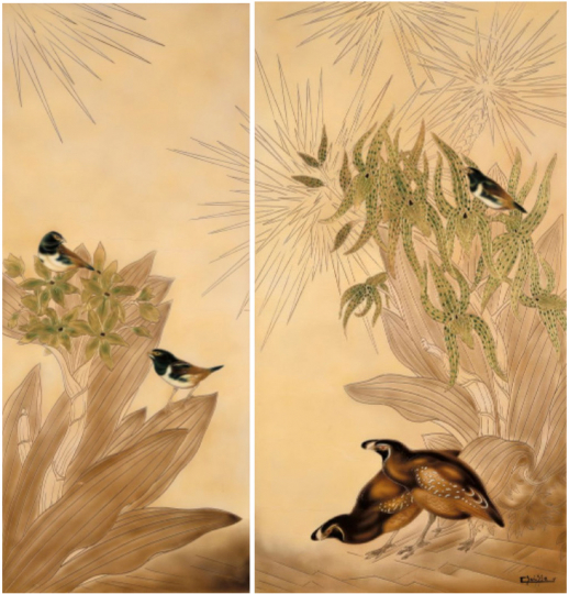 Gaston SUISSE (1896-1988) - Hirondelles de Chine et colins de Californie.